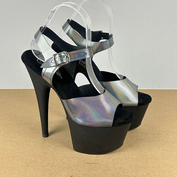 Pleaser Flamingo Holographic Platform Heels Womens 6.5 or 7 Black Ankle Strap - Picture 3 of 12